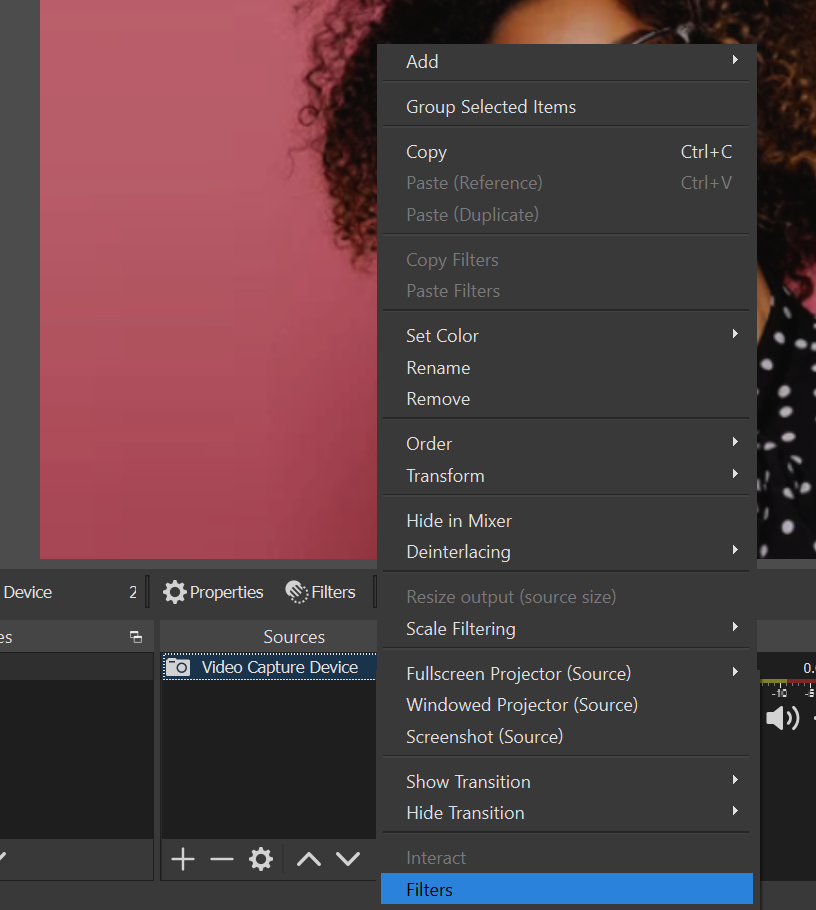 Right-clicking a video capture source in OBS and choosing Filters