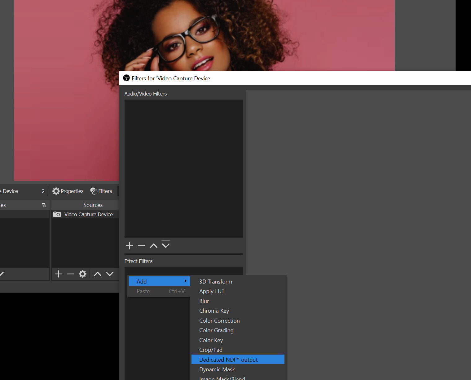 Adding the Dedicated NDI Output effect filter in OBS