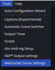 The Tools menu in OBS, with WebSocket Server Settings