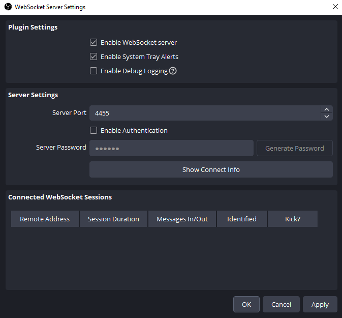 The OBS WebSocket Server Settings window, showing the port and password